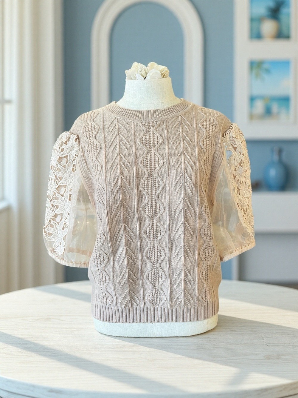 Astr Knit Top with Sheer Lace Sleeves in Natural Beige